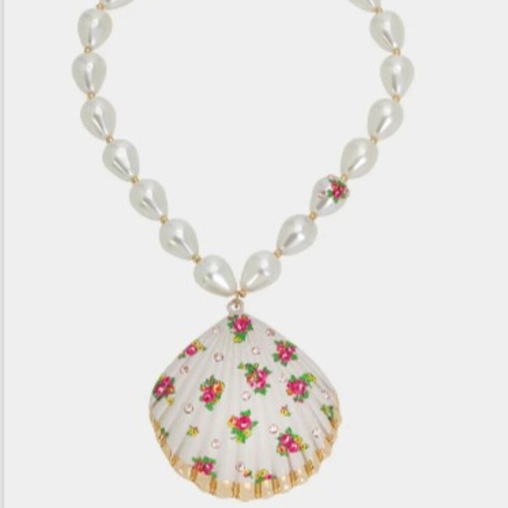 Faux Shell Floral Pendant with Inlaid Rhinestones and Gold-tone Trim. NWT